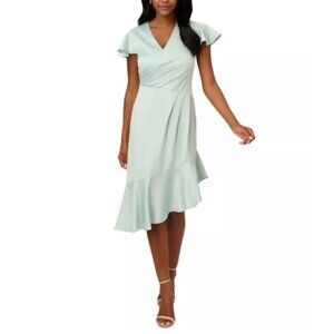 Adrianna Papell Tea Length Dress 14 Blue Silky Flowy Cruise Wedding Party NWT